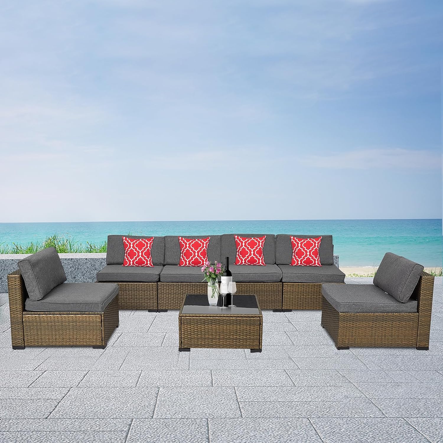 Kinbor 7Pcs Outdoor Furniture Set Wicker Sectional Sofa, Patio