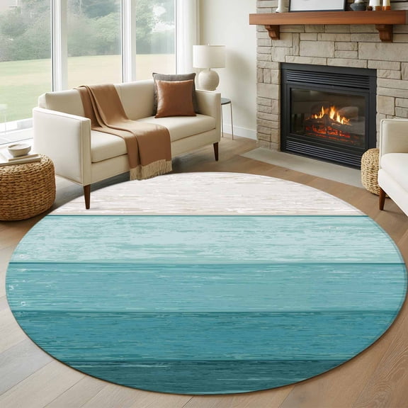 8ft Round Rug, Teal Ombre Non-Skid Rubber Backing Large Area Rugs - Living Room Bedroom Home Office, Farmhouse Vintage Wooden Striped Indoor Floor Mat Carpets Washable Rug