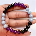 thumbnail image 5 of Pulsera de piedra amatista natural para hombre y mujer, estrés, ansiedad, ajustable, elástica, cristal, joya para uso diario, 5 of 5