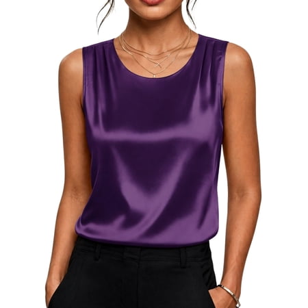Zeagoo Womens Satin Tank Top Pleated Sleeveless Blouse Dressy Casual Tops Crewneck Silk Shirts Business Summer Clothes