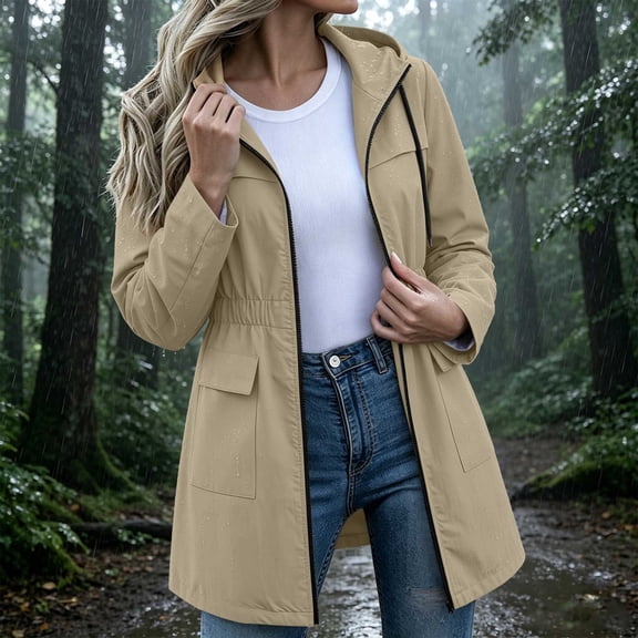 BRGZLK Rain Coats for Women Trendy Zip Up Solid Color Long Sleeve Hooded Lightweight Long Waterproof Jackets Elastic Waist Casual Outdoor Hiking Raincoats Beige XL