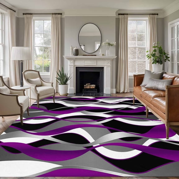 Modern Geometric Area Rugs 5'x7', Washable Small Throw Rugs for Laundry Room Playroom, Abstract Minimalist Lines Purple Black Indoor Outdoor Rug Non-Slip Low Pile Carpet Runner Reversible Floor Mats