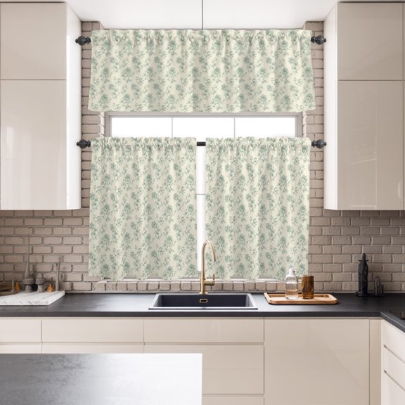 Kitchen Window Curtains Valance and Tier Set, Pastoral Flower on Linen Rod Pocket Tier Curtains and Valance 3 Piece Set, Watercolor Country Floral Seamless Window Treatment for Bedroom Living Room