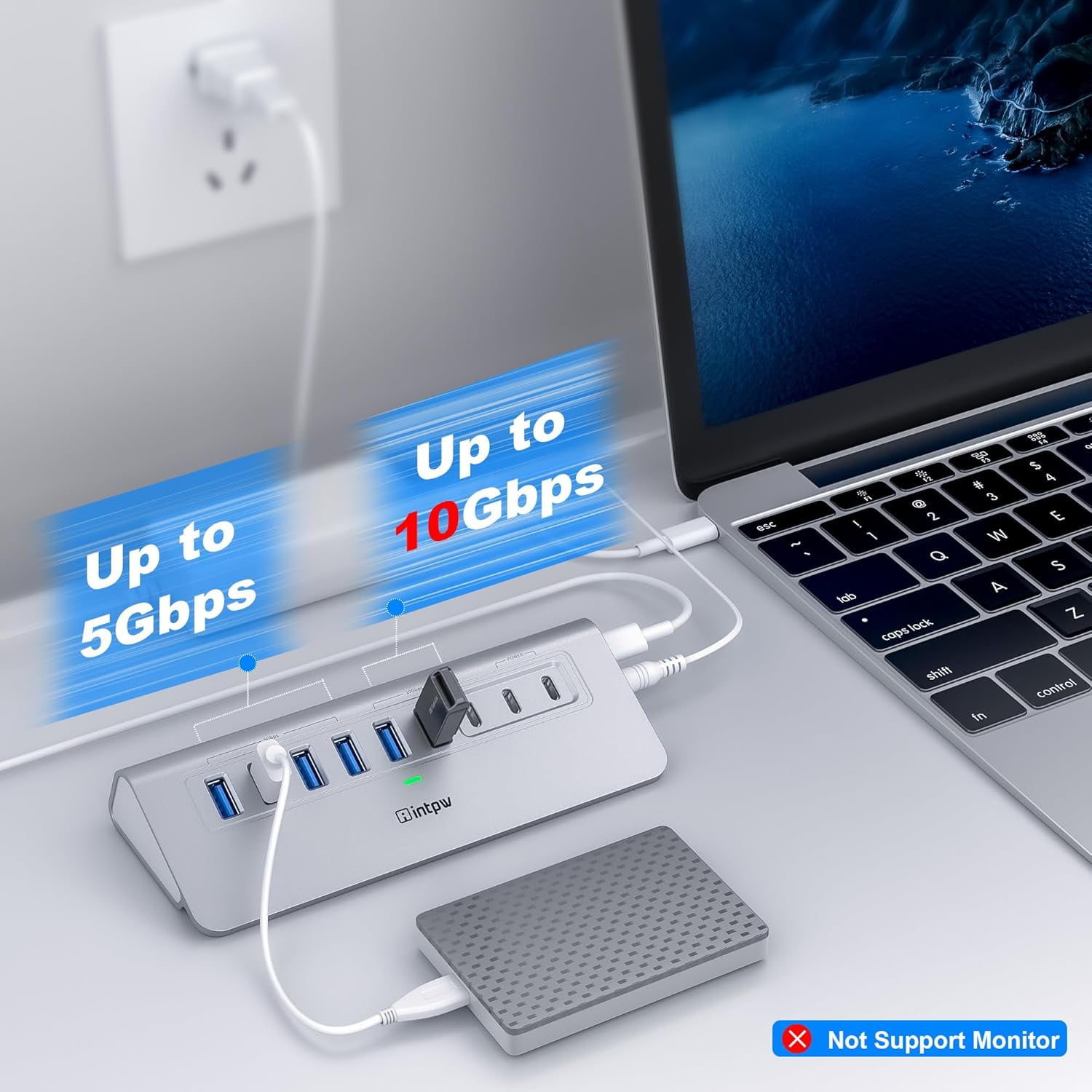 Powered USB Hub 10Gbps, 9-Port USB 3.2 Hub, USB C Hub with USB A/USB C 3.2, 4 USB 3.0, 2 PD 45W Charging Ports, 65W Power Adapter and 3.3FT Cable, Aluminum USB Hub for Laptop, iPhone 17/16/15，PC