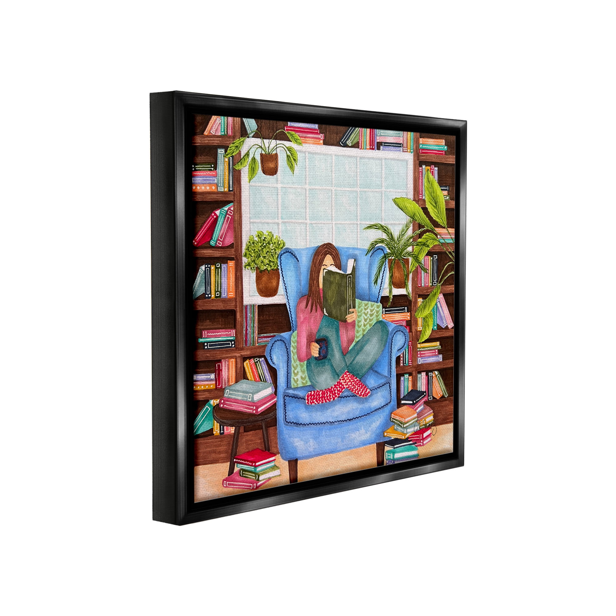 Stupell Industries Cozy Reading Corner Literature & Flim Painting Black Floater Framed Canvas Art Print Wall Art, 25 x 25