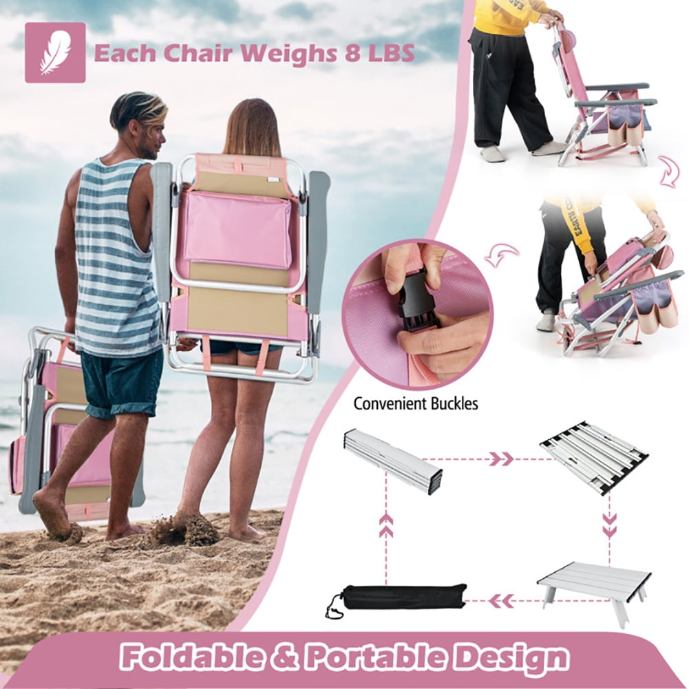 Aimee Lii 2 Packs 5-Position Outdoor Folding Backpack Beach Table Chair Reclining Chair Set, Outdoor Patio Furniture, Pink