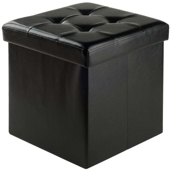 Kingfisher Lane Cube Transitional Faux Leather Storage Ottoman in Black