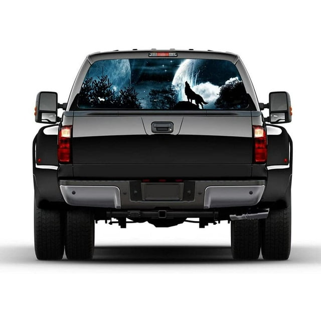 Truck Rear Window Decal Sticker, Wolf Graphic Car Back Window Decal Flower Perforated Window Back Decal for Truck SUV Van Pickup, 53x14 inch-C_66x29inch