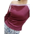 thumbnail image 5 of Womens Y2K Long Sleeve Shirt Off Shoulder Ribbed Knit Crop Top Contrast Color Slim Fitted Casual Tee Top, 5 of 10