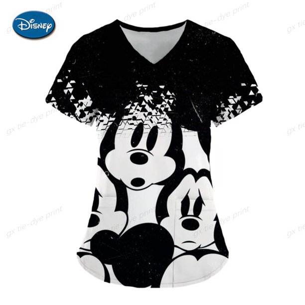 Pocket Nursing Scrub Uniform Ladies V-neck Care Workers Nurse Working Medical Uniforms Blouse Disney Mickey Mouse Print TopsXXL Gao Jinjia LED
