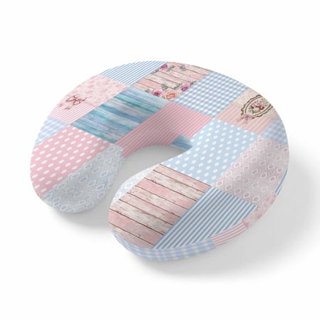 Neck Pillow Pink Blue Patchwork Memory Foam U-Shaped Travel Pillow for Airplane Car Train Office Nap Portable Soft Head Neck Support for Sleeping & Reclining Country Floral Farm Plaid Wooden Plank