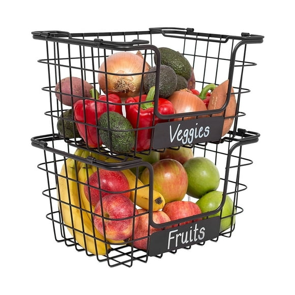 Stacking Wire Market Baskets with Chalk Label - Set of 2 - Fruit Vegetable Produce Metal Storage Bin for Kitchen Counter - Pantry Cabinet - Bathroom Shelves - Metallic Black