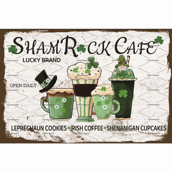 HELLOYOUNG St. Patricks Day Tin Sign Decor Shamrock Cafe Sign Lucky Brand Wall Decor Holiday Decor Green Shamrock Lucky Coffee Decor For Home Kitchen Decor Office Bar 8x12 Inch