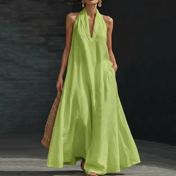 QUNYINEY Maxi Dresses for Women 2026 Summer Sleeveless A Line Sundress V Neck with Pockets Loose Fit Solid Flowy Dresses