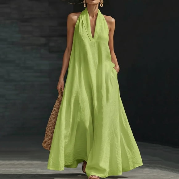 XiYing Dress Shirts for Men, Women's Casual A-Line V-Neck Sleeveless Flowy Summer Maxi Dress with Pockets S-Xxl