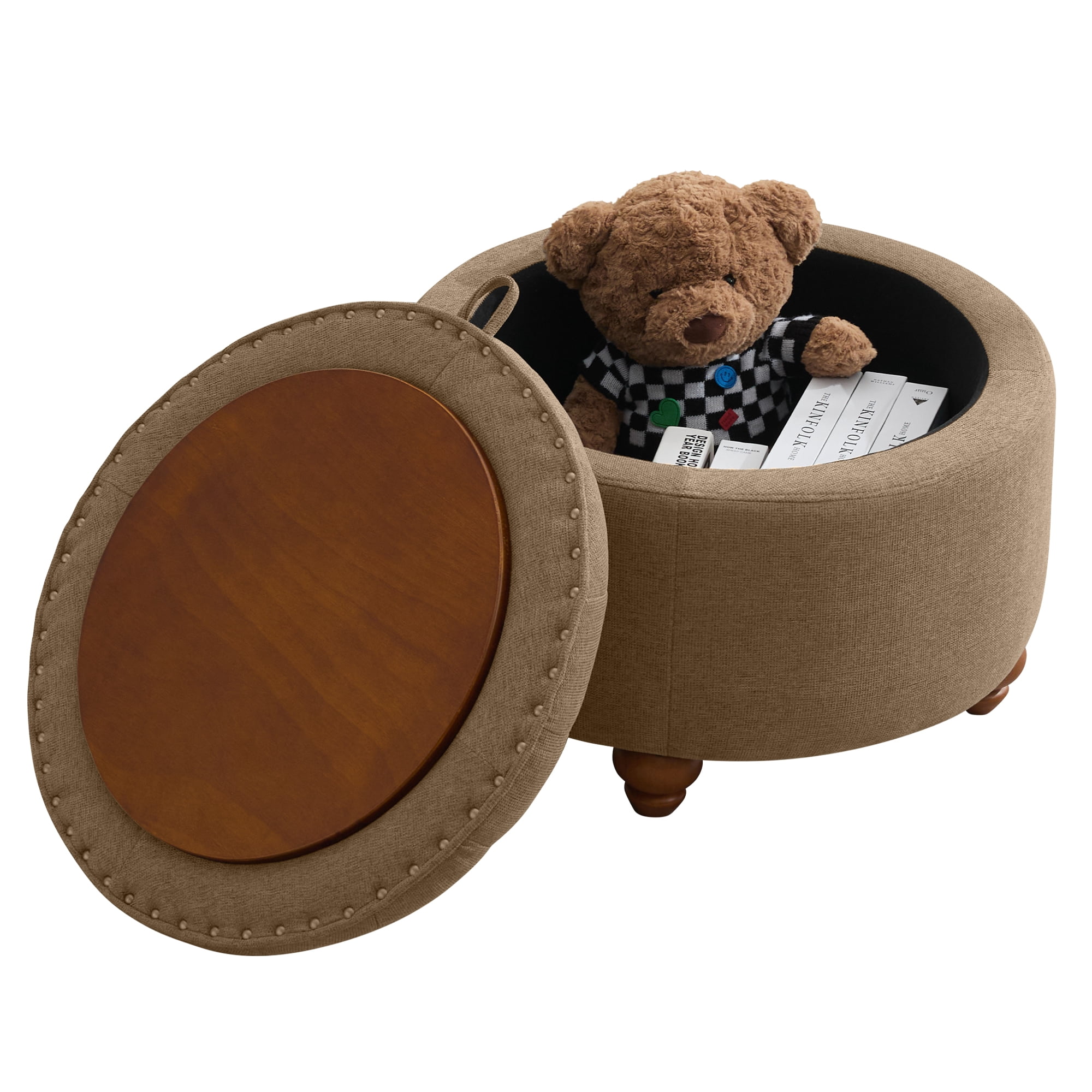 24'' Round Ottoman with Storage, Modern Tufted Fabric Storage Ottoman with Removable Top for Living Room, Bedroom, Brown