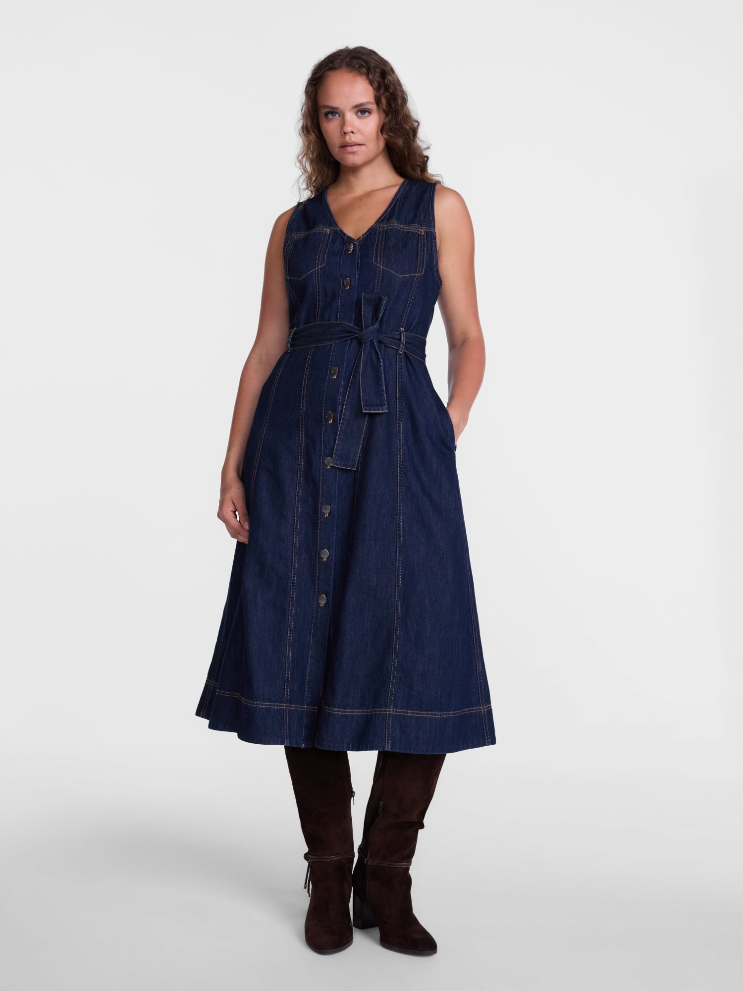 Scenario Women's and Women's Plus Sleeveless Denim Midi Dress, Sizes XS-4X