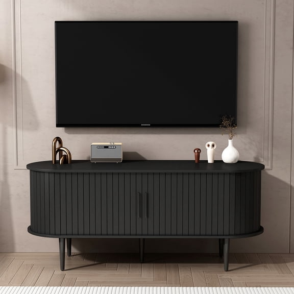 47" Modern TV Stand with Sliding Door Storage Cabinet, Mid Century Media Console Table for Living Room, Bedroom, Office, Black