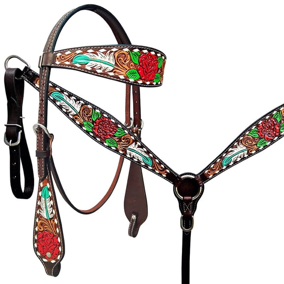 HILASON Western Horse Floral Headstall Breast Collar Set American Leather Rose With Tan