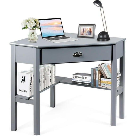Modern Corner Computer Desk, Triangle Workstation with Drawer & Shelves, Grey, 41.5" 28" 30"