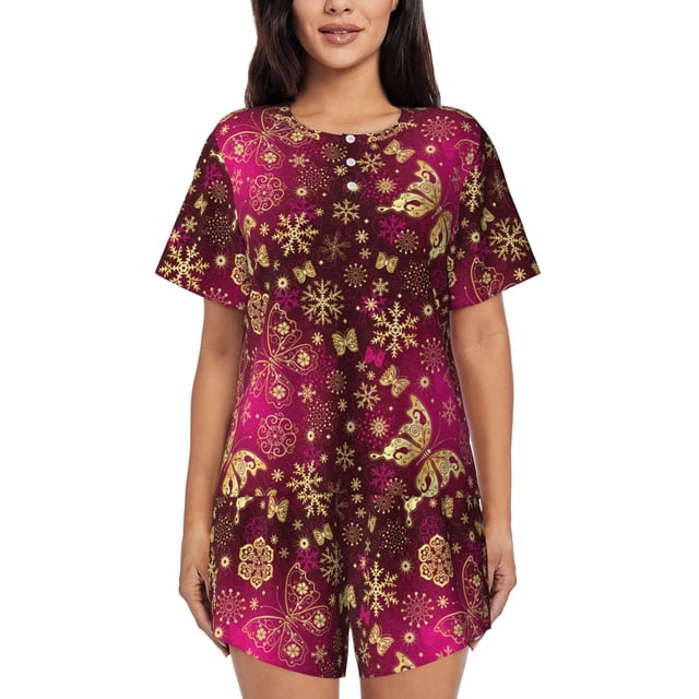Fotbe Golden Snowflakes And And Butterflies Conjunto de Pijama Estampado para Mujer, 2 Piezas, Ropa de Dormir con Camiseta de Manga Corta y Shorts Suaves-X-Large