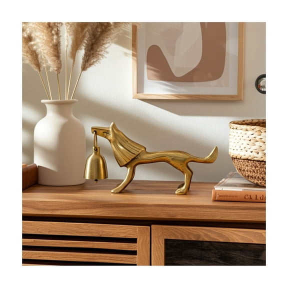 Metallic Aluminum Dog Figurine with Hanging Bell - Boho Glam Decorative Accent for Home, Office, Bedroom, Living Room - Unique Animal Sculpture Tabletop Decoration - 5" Gold