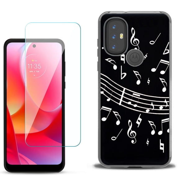 Slim-Fit Gel TPU Phone Case for Motorola Moto G Power 2022, with Tempered Glass Screen Protector, by OneToughShield ® - Music Notes / Black