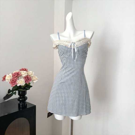 Japanese Plaid Kawaii Strap Dress Women Lace New Korean Casual Y2K Mini Dress Female V-neck High Waist Cute Clothes 2024 Summer