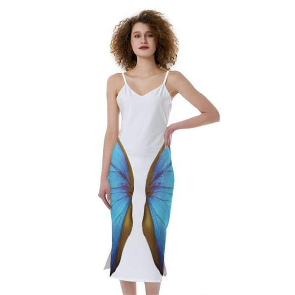 Gifts For Butterflies Lovers. Blue Butterfly Wings Print Slim Fit Midi Cami Dress, Butterfly Fashion Summer Maxi Sexy Casual Dress For Women