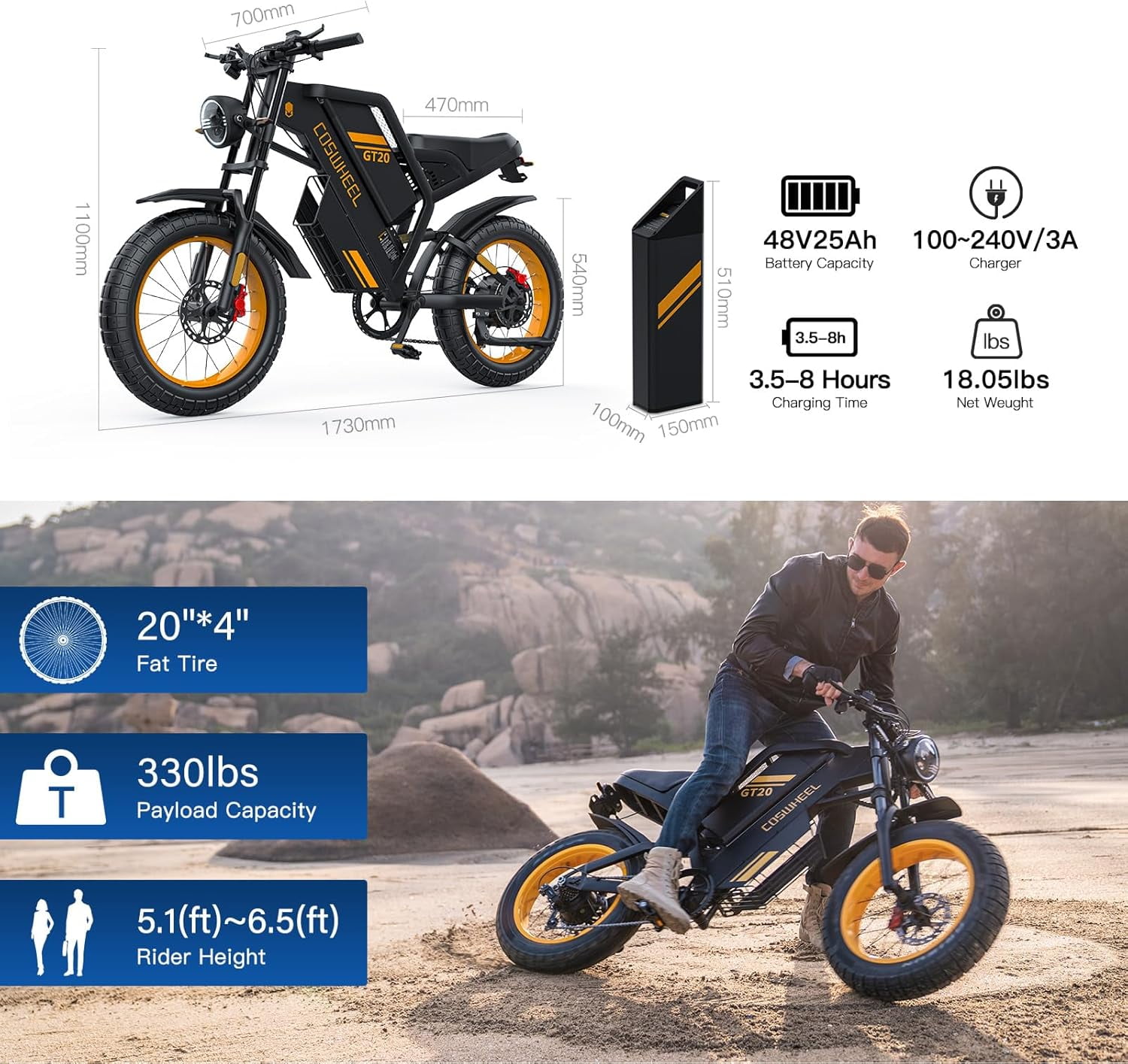 COSWHEEL GT20 1500W Electric Dirt Bike for Adults MTB, with 48V/25Ah Removable Battery,  UL2849