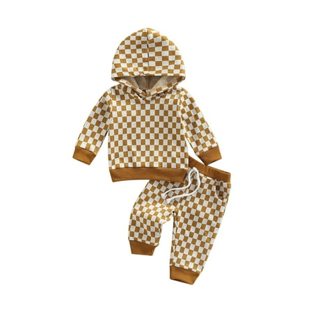 

Suanret Infant Baby Girls Boys 2PCS Outfits Checkerboard Print Long Sleeve Hoodies Tops Elastic Waist Long Pants Fall Set Yellowish-Brown White 18-24 Months