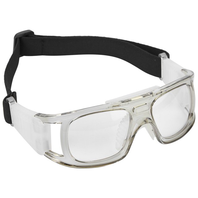 protector de ojos de material de silicona para gafas de deportes al aire libre para baloncesto y fútbol (gris) protector deportivo gris frontal 3/4 con montura arqueada de silicona transparente, lentes claras y almohadilla nasal integrada; banda elástica negra ajustable y paneles laterales blancos, tamaño aprox. 14.8 x 5 x 1.5 cm, diseñado para absorber impactos y ajustarse al contorno facial; suele usarse para protección deportiva en entrenamientos y partidos.