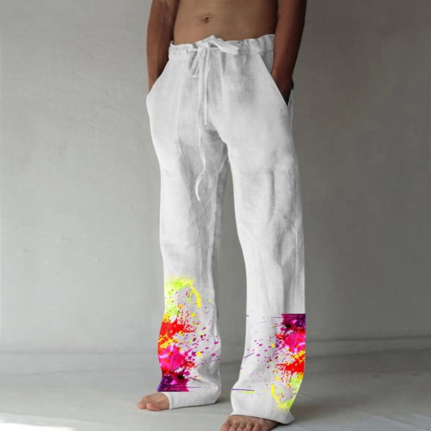 Pantalones largos de verano para hombre, de algodón y lino, con pierna ancha, estampados, con cordones, para deportes y vacaciones