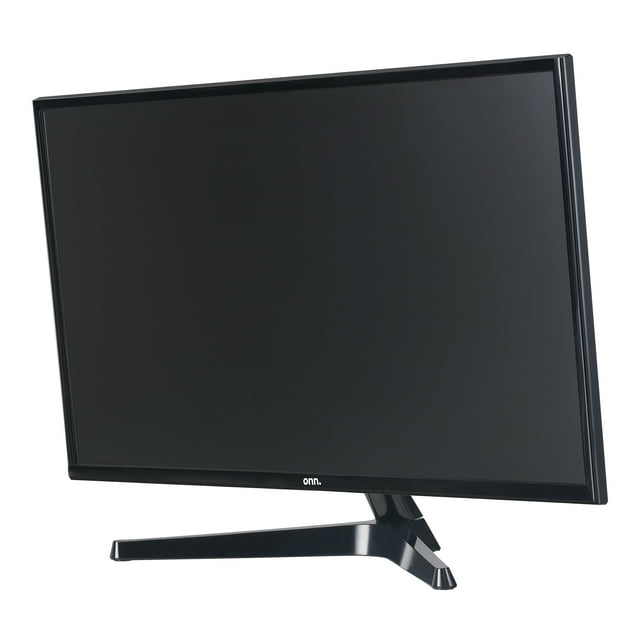 Refurbished Onn 24-inch 1080p FHD monitor with slim design, featuring VGA and HDMI ports, 60Hz refresh rate, displayed at a slight angle with a black frame and sturdy stand.