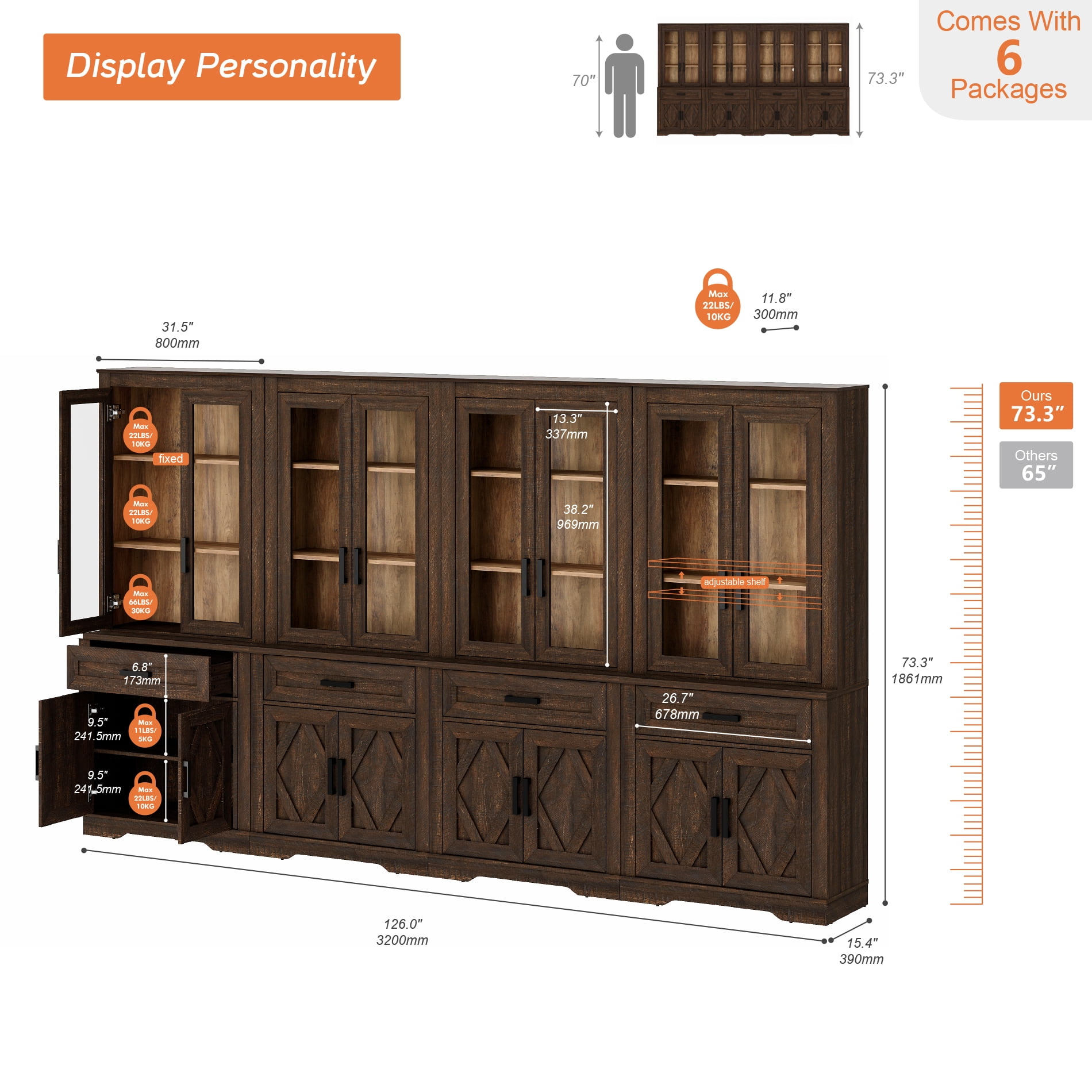 WAMPAT 4 Column 5 Tier Bookcase with Drawer,73.3" Tall Floor Standing Bookshelf,Modern Farmhouse Display Storage Cabinet with Adjustable Shelves for Living Room,Espresso