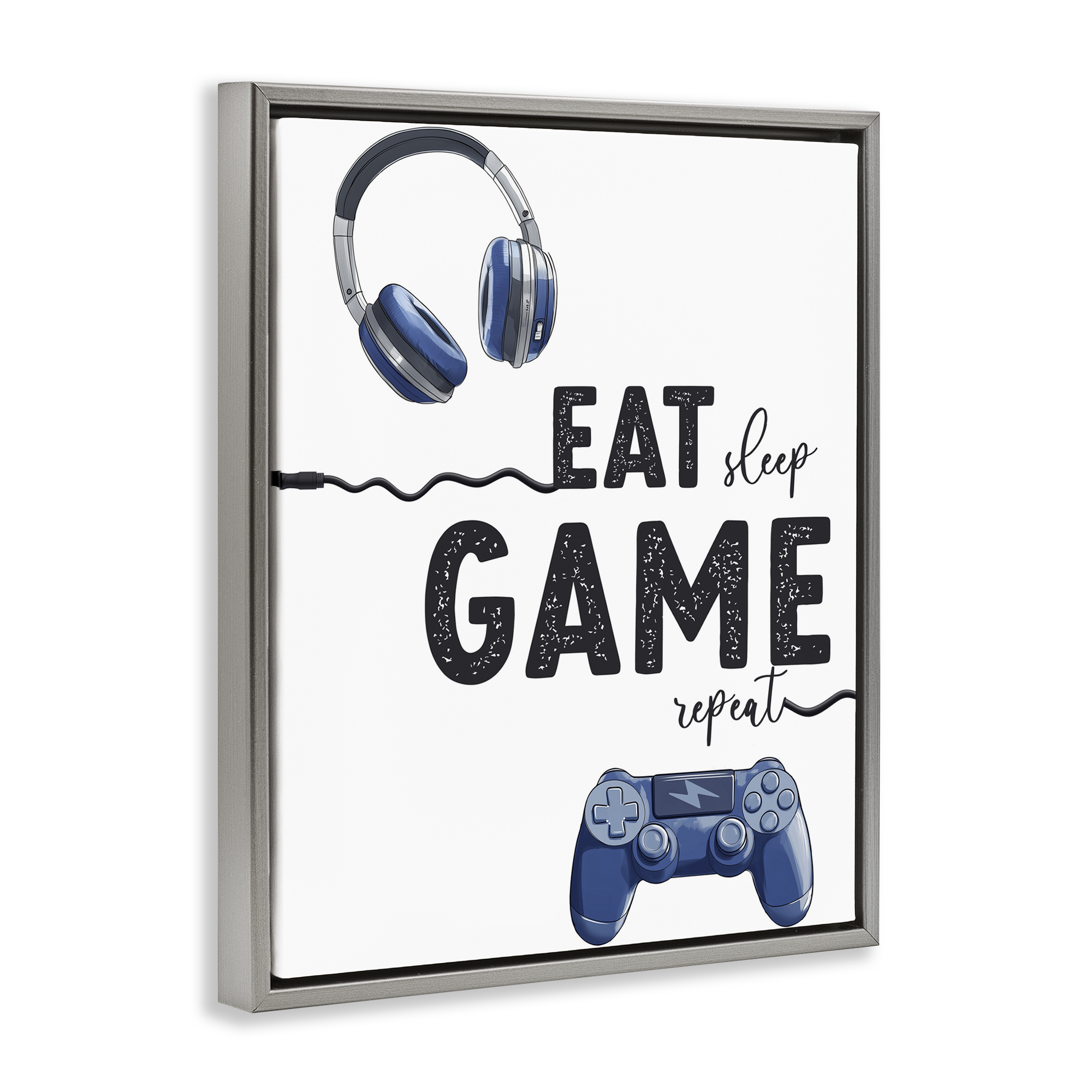 Eat Sleep Game Lifestyle Gray Framed Floater Canvas Wall Art, design by Christine Simpson Art