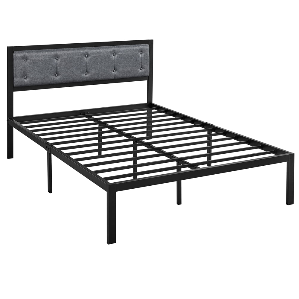 Yaheetech Metal Platform Full Bed with Linen Button Tufted Headboard