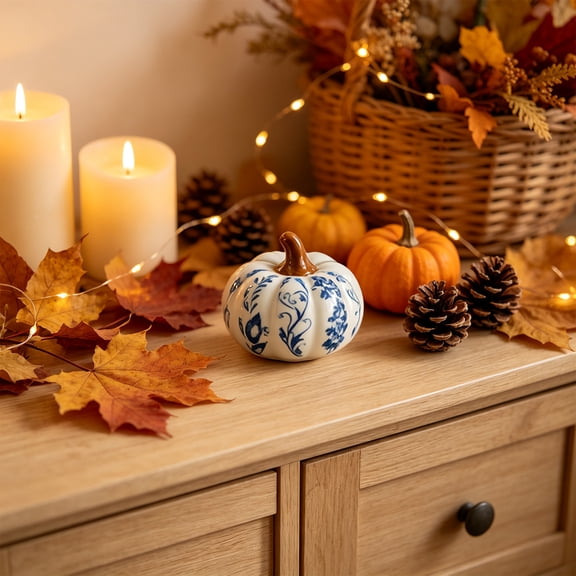 Blue and White Porcelain Pumpkin Decor, Ceramic Pumpkins Figurines Decorative Pumpkins for Fall, for Shelf, Table, Mantel, Coffee Table, Fall Harvest Halloween Thanksgiving