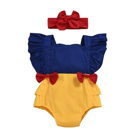 

Multitrust Baby Cute Romper Set Shoulder Length Sleeveless Ruffle Trim Slim Fit Bow Decoration Headband Jumpsuits Suit
