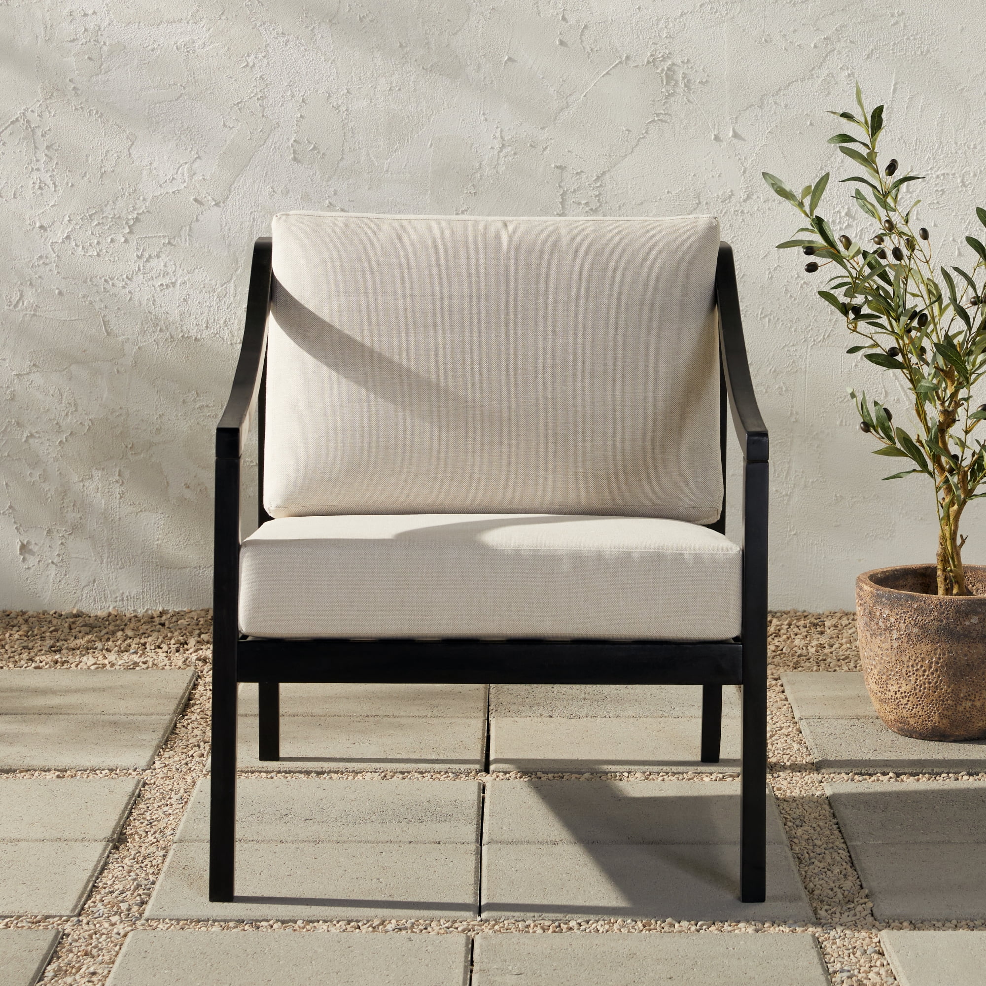 Walker Edison Modern Wood Solid Curved Arm Outdoor Club Chair, Black