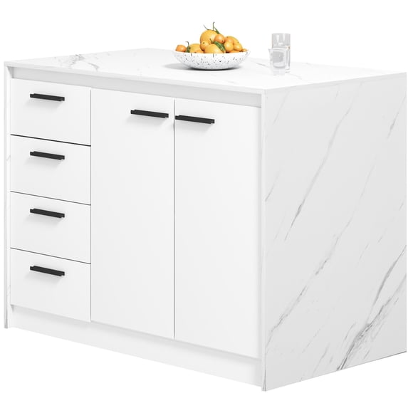 Modern Kitchen Island with Storage Cabinet, 4 Drawers and Adjustable Shelf, Faux Marble and White Particleboard Buffet, Breakfast Bar with Seating Space, 45.7"L x 26.8"W x 36"H