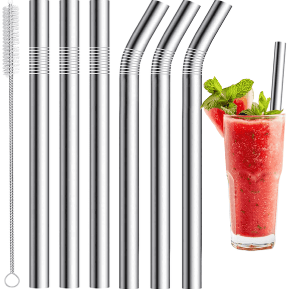 6pk Stainless Steel Boba Straws, 0.4" Extra Wide Metal Smoothie Straws for Thick Shakes & Bubble Tea; Reusable Jumbo Straw with Brush (Silver)