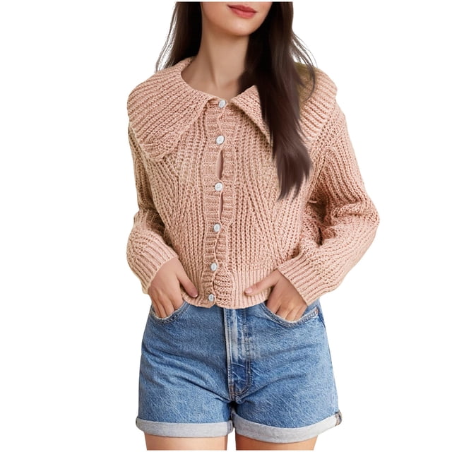 Hvobtty Chandail à Col Rond Décontracté à Manches Longues pour Femmes, Cardigan Tricoté à Manches Longues pour Femmes à Grand Col Boutonné, Ample et Polyvalent