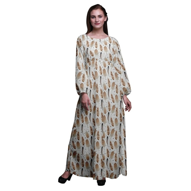 Bimba Robe Maxi à Manches Longues pour Femmes en Georgette Mousse Imprimée de Plumes d'Aigle, Taille Élastique - Grande