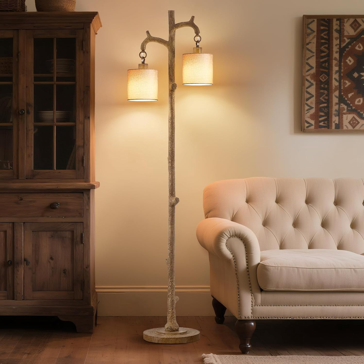 NATYSWAN Floor Lamp for Living Room - 69" Rustic Farmhouse Tree Trunk Tall Lamp - Brown Reading Light with Linen Shade Standing Lamps for Bedroom Office Home Decor