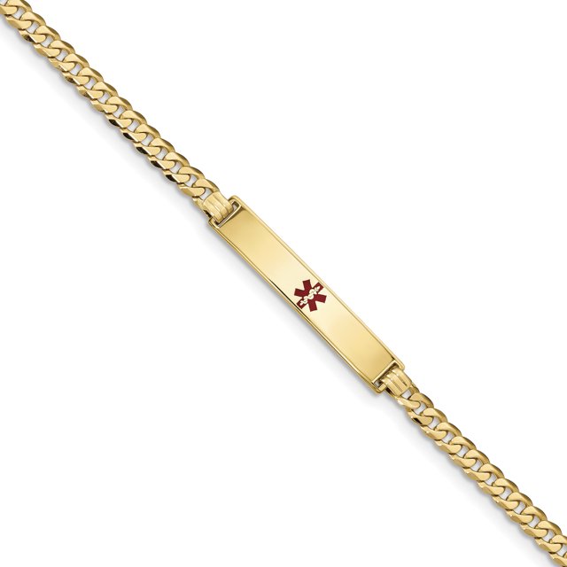 14K Yellow Gold Medical Red Enamel Flat Curb Link ID Bracelet