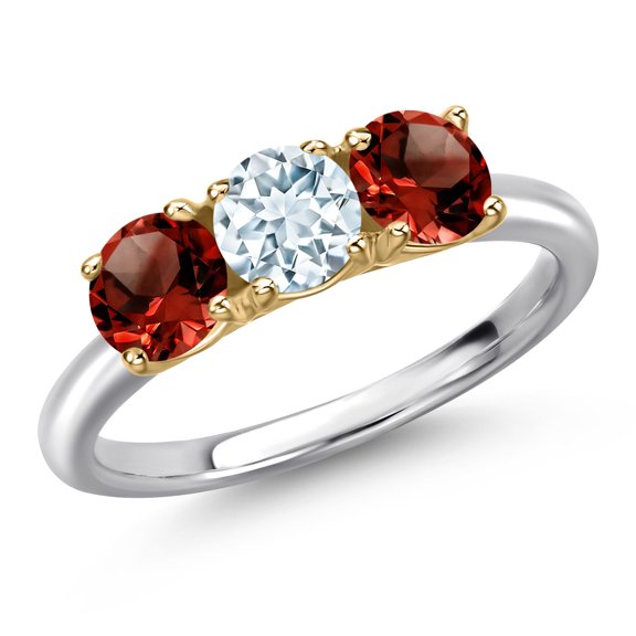 Gem Stone King 925 Silver and 10K Yellow Gold Sky Blue Aquamarine and Red Garnet Engagement Ring for Women | 1.60 Cttw | Round 5MM | Gemstone March Birthstone | Size 8