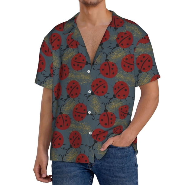 Fotbe Ladybug Camisa Estampada de Manga Corta para Hombre, Casual de Verano, Estilo Playero, Sin Arrugas-Small
