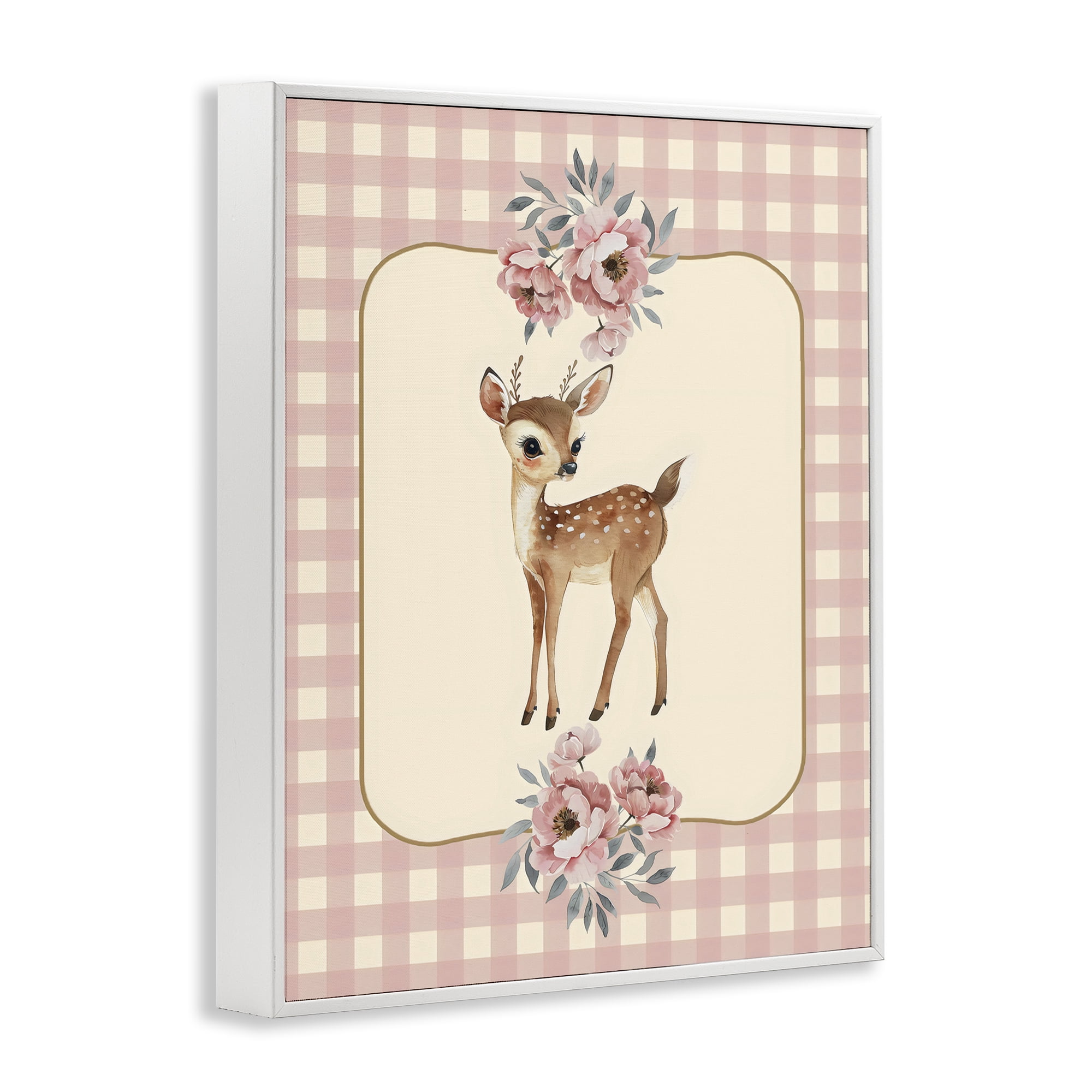 Stupell Industries Baby Deer Pink Gingham White Framed Giclee Art, design by LSR Design Studio