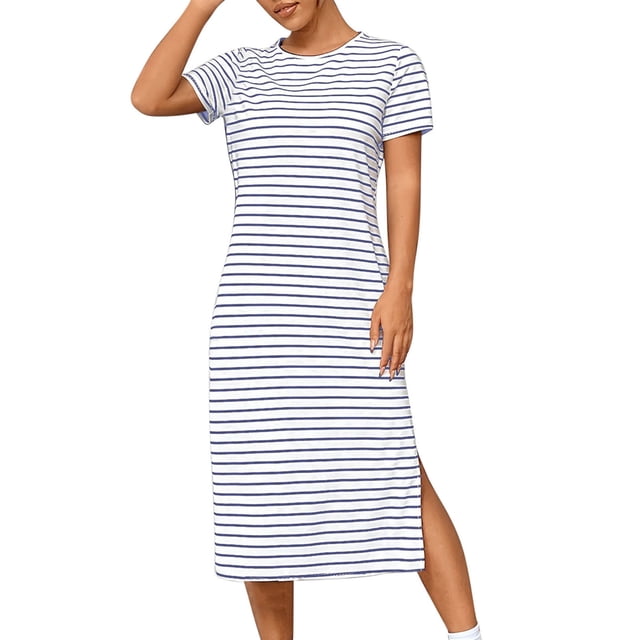 Staron Robe Maxi à Manches Courtes pour Femmes, Fluide, Vacances, Manches Courtes, Col Rond, Été, Robe T-Shirt Rayée, Coupe Ample, Fente Latérale, Décontractée, Plage, Robes Midi